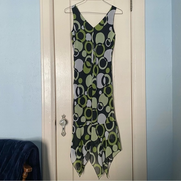 Dress Barn Double V-Neck Babydoll Hankerchief Hem Polka Dot Y2K Green Size 6 - Picture 4 of 10